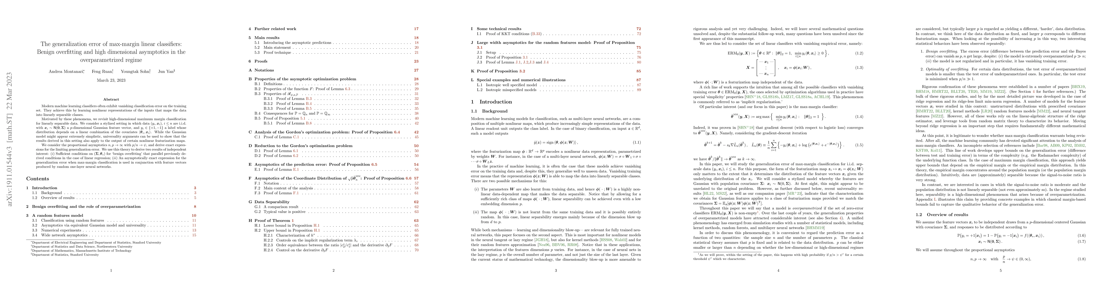 Thumbnail for The generalization error of max-margin linear classifiers: Benign
  overfitting and high dimensional asymptotics in the overparametrized regime