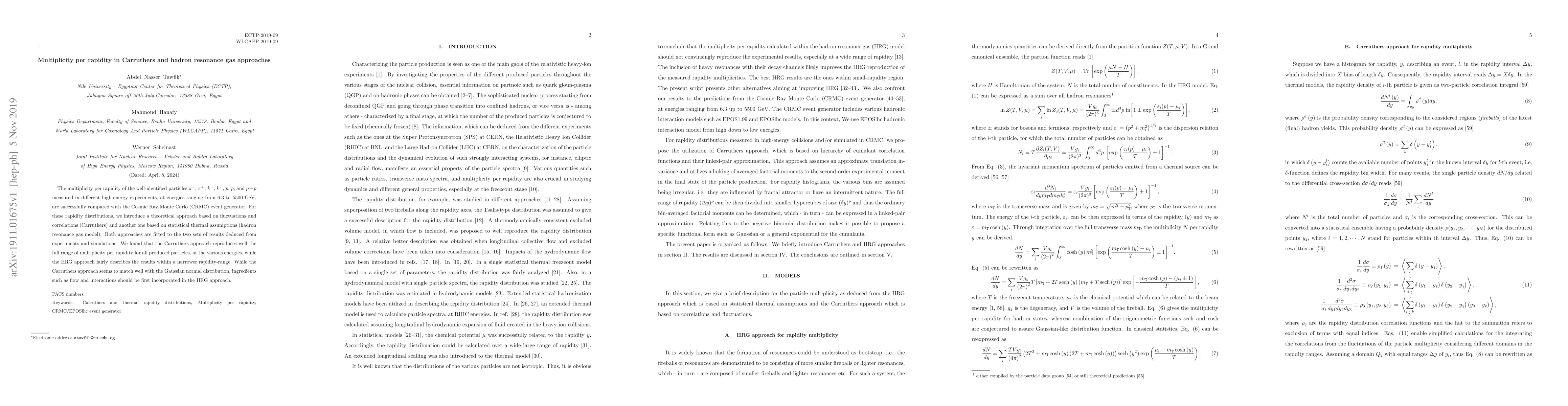 Thumbnail for Multiplicity per rapidity in Carruthers and hadron resonance gas
  approaches