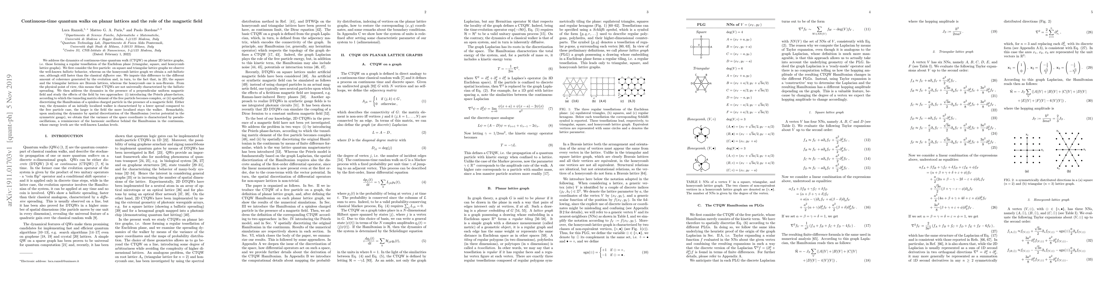 Thumbnail for Continuous-time quantum walks on planar lattices and the role of the
  magnetic field
