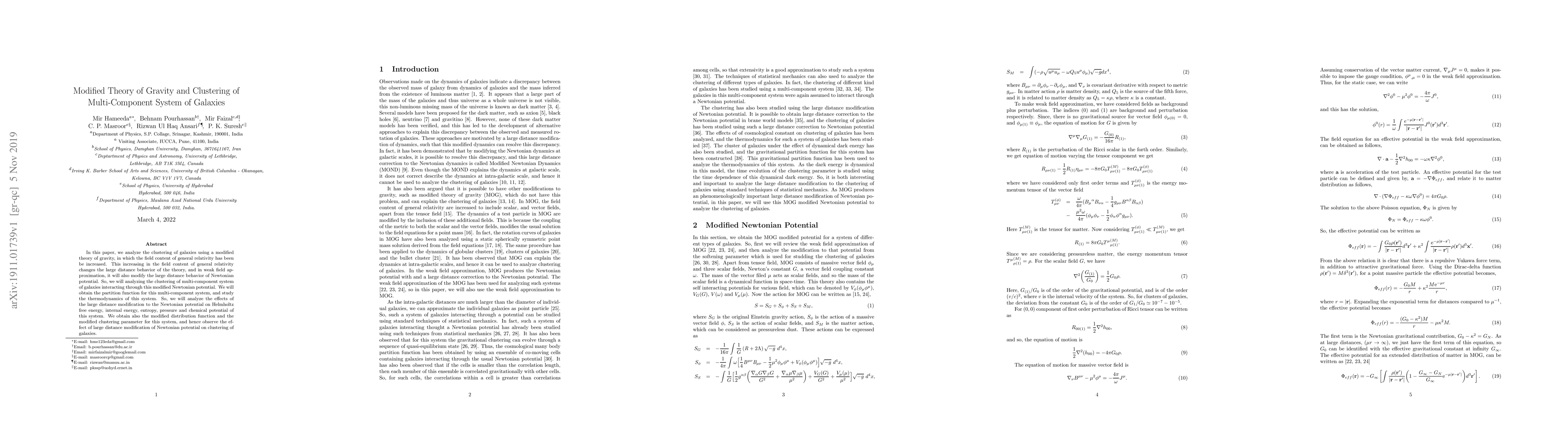 Thumbnail for Modified Theory of Gravity and Clustering of Multi-Component System of
  Galaxies