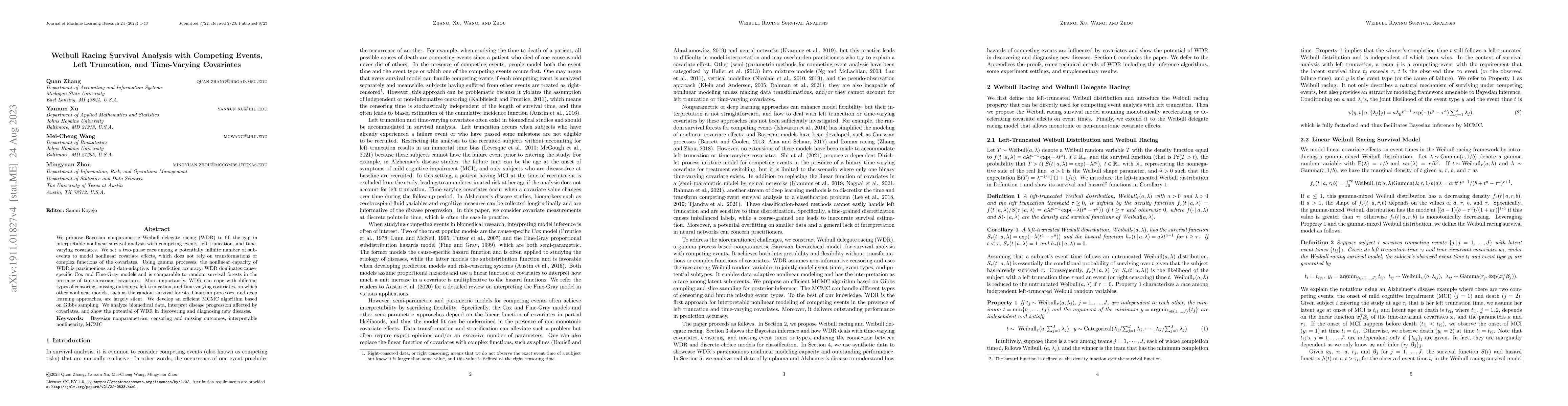 Thumbnail for Weibull Racing Survival Analysis with Competing Events, Left Truncation,
  and Time-varying Covariates
