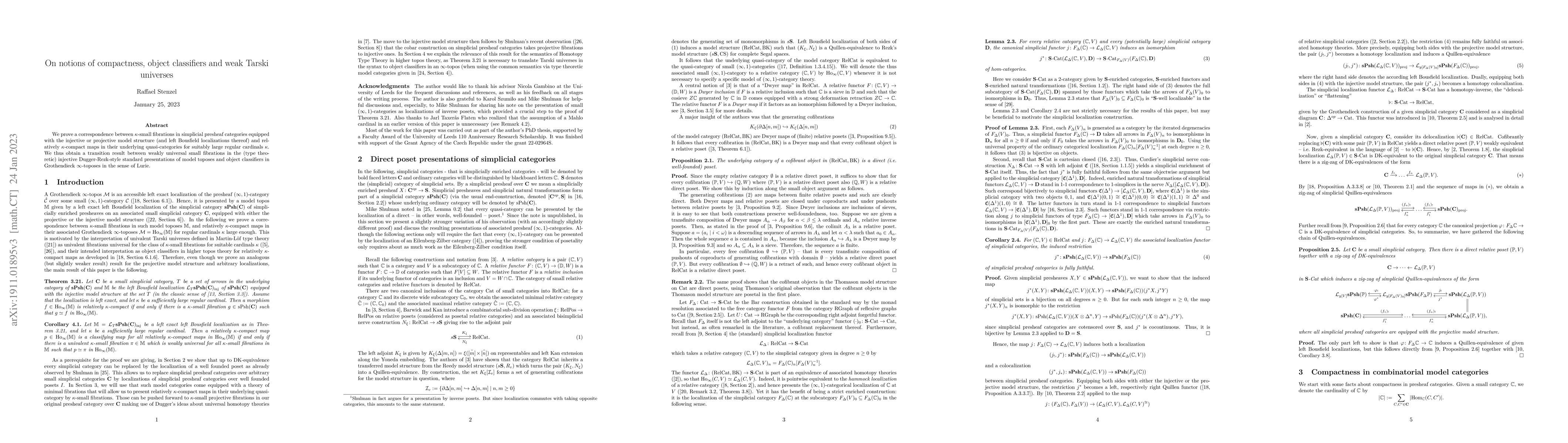Thumbnail for On notions of compactness, object classifiers and weak Tarski universes