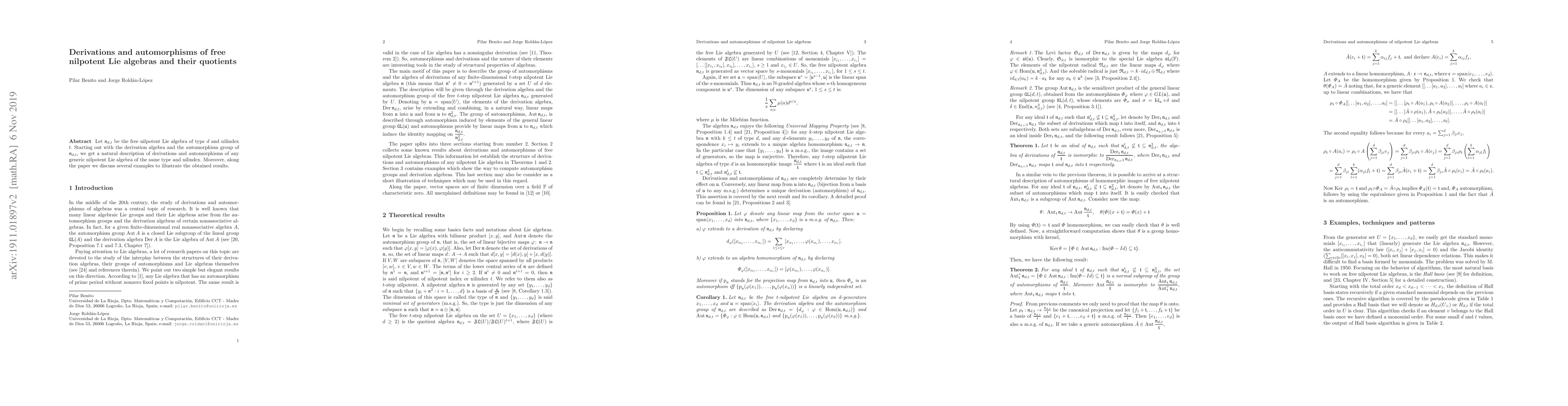 Thumbnail for Derivations and automorphisms of free nilpotent Lie algebras and their
  quotiens