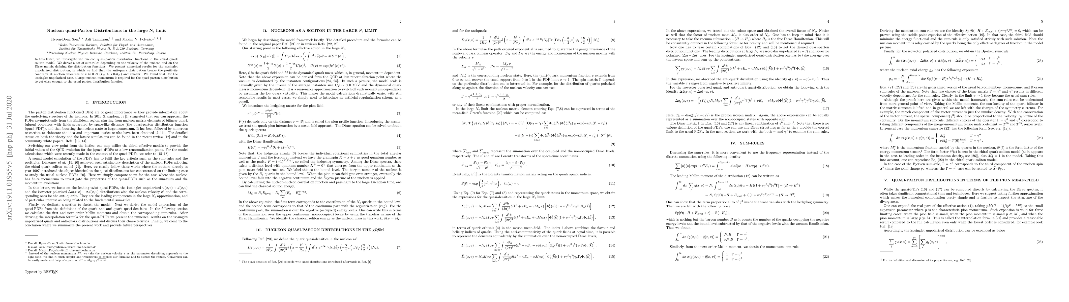 Thumbnail for Nucleon quasi-Parton Distributions in the large N$_c$ limit