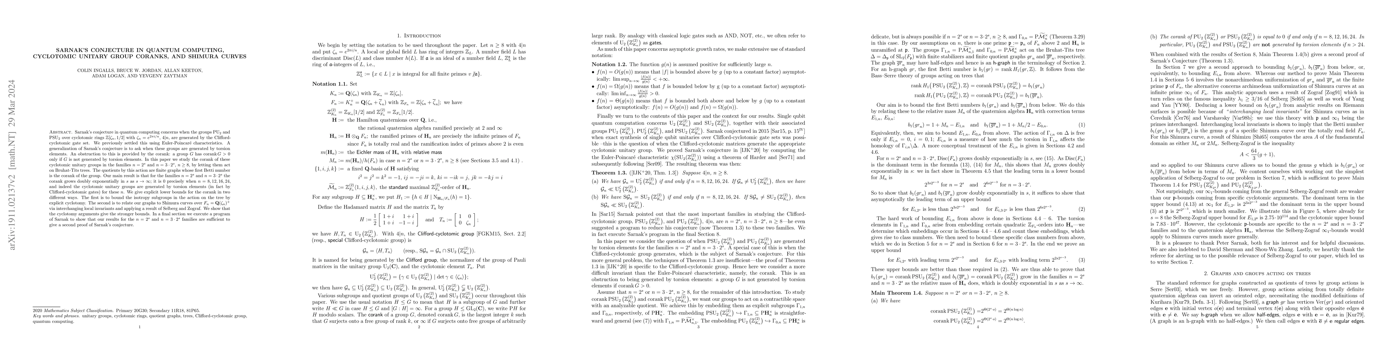 Thumbnail for Sarnak's conjecture in quantum computing, cyclotomic unitary group
  coranks, and Shimura curves