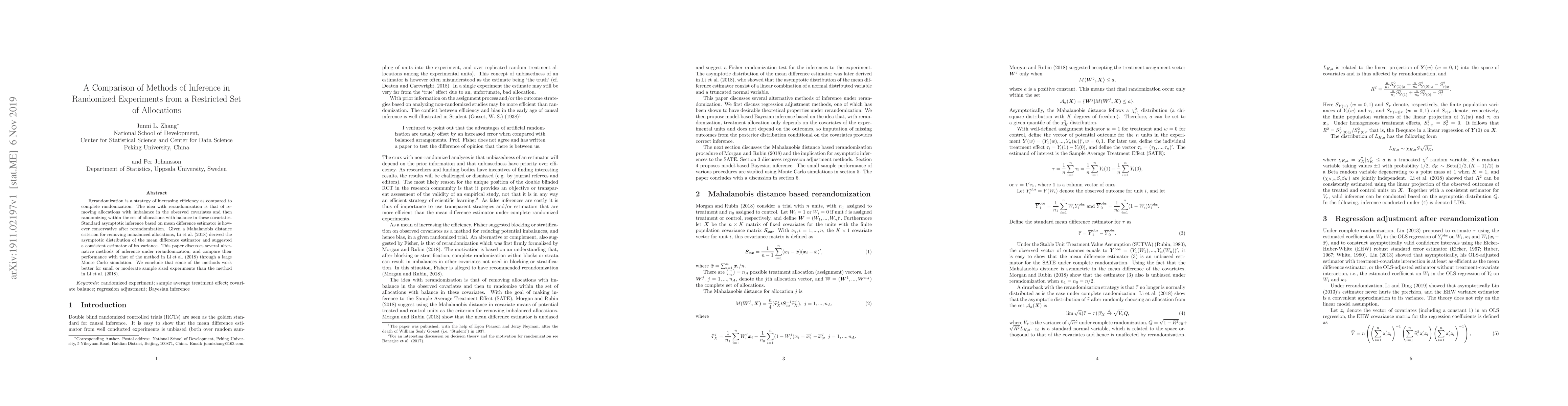 Thumbnail for A Comparison of Methods of Inference in Randomized Experiments from a
  Restricted Set of Allocations