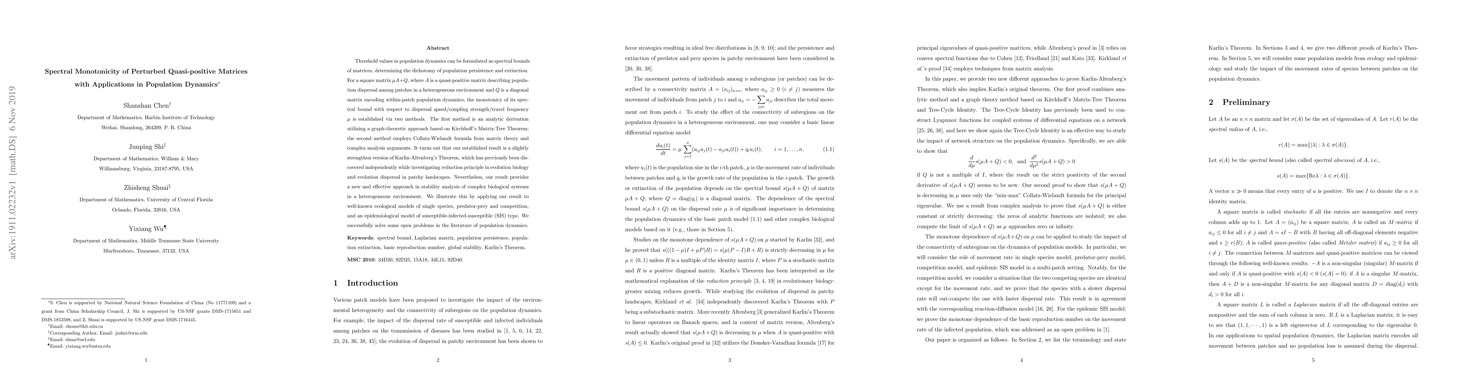 Thumbnail for Spectral Monotonicity of Perturbed Quasi-positive Matrices with
  Applications in Population Dynamics