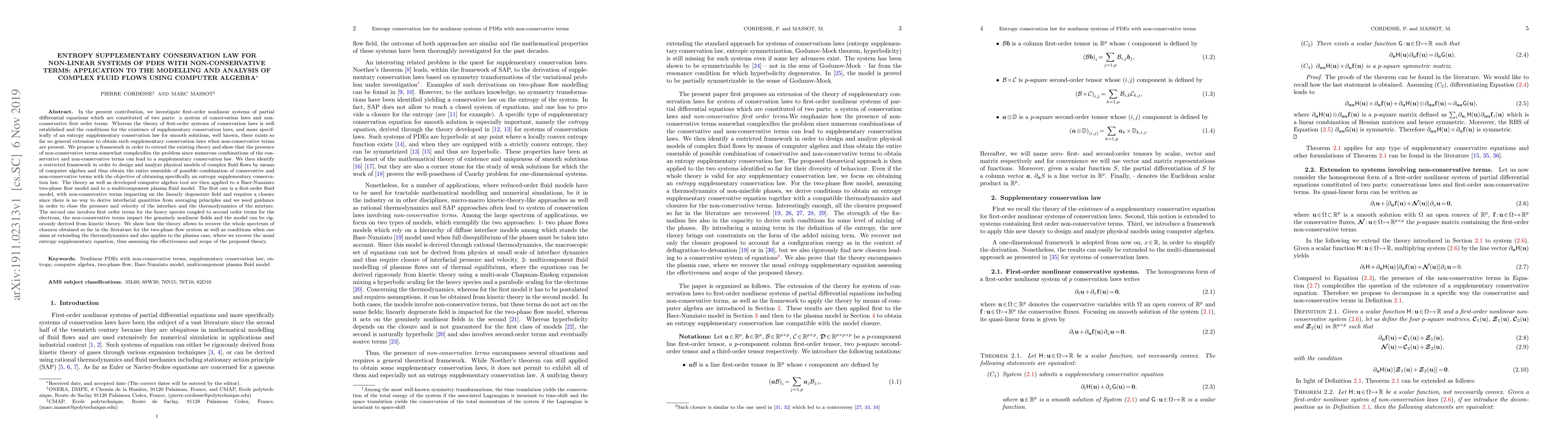 Thumbnail for Entropy supplementary conservation law for non-linear systems of PDEs
  with non-conservative terms: application to the modelling and analysis of
  complex fluid flows using computer algebra