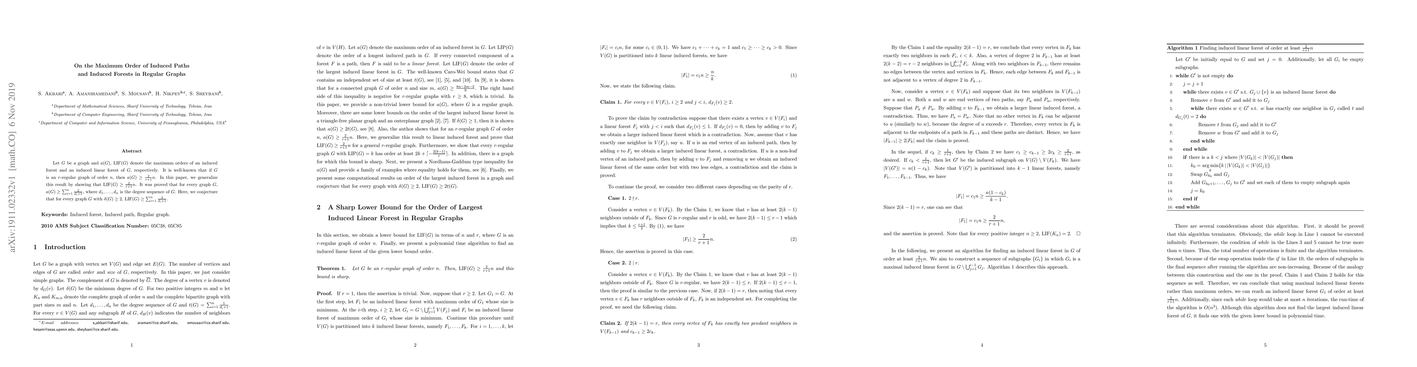 Thumbnail for On the Maximum Order of Induced Paths and Induced Forests in Regular
  Graphs