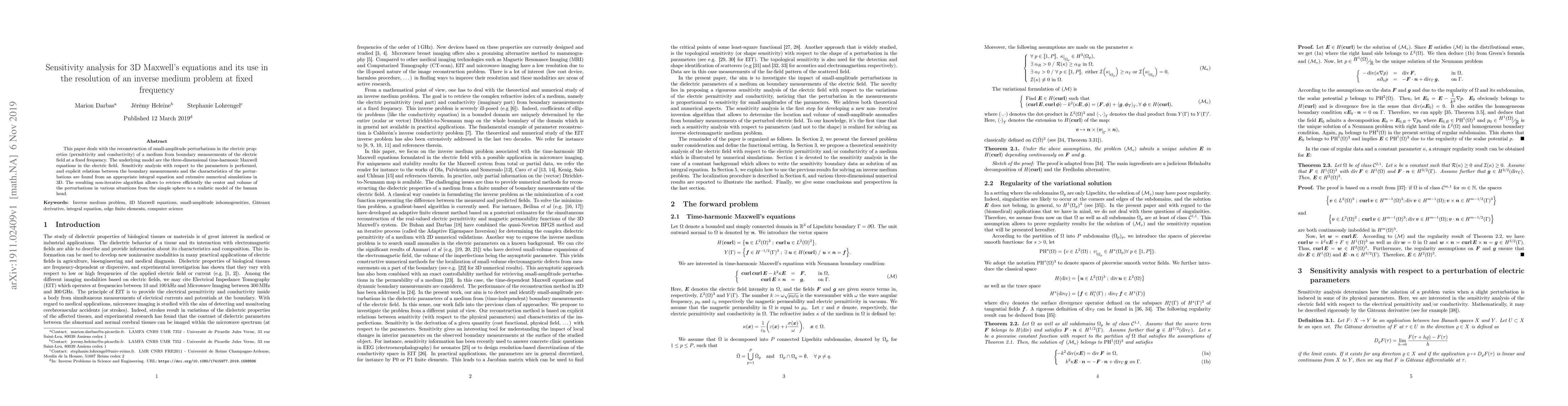 Thumbnail for Sensitivity analysis for 3D Maxwell's equations and its use in the
  resolution of an inverse medium problem at fixed frequency