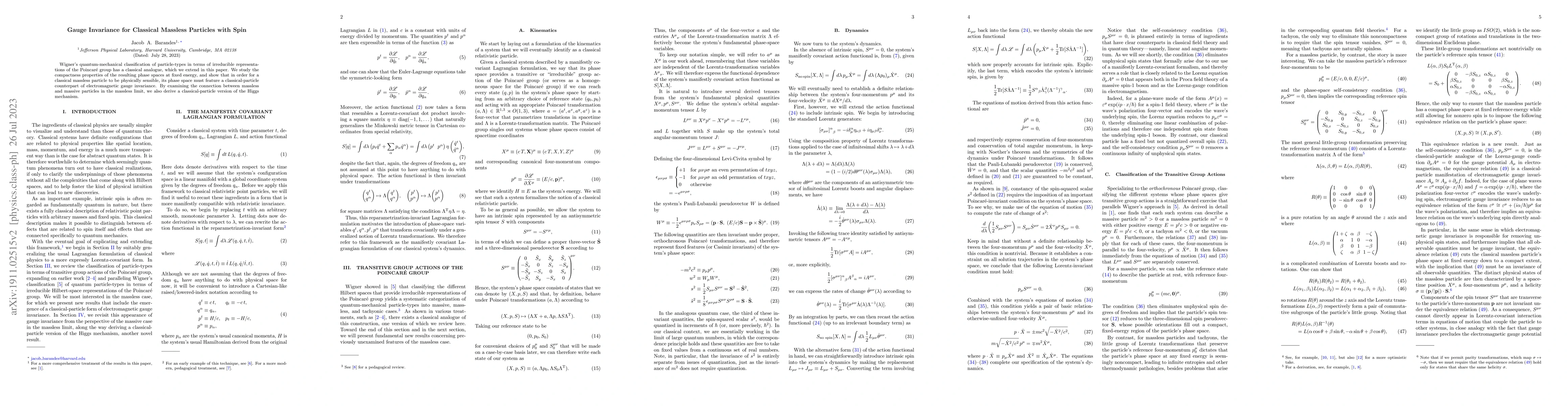 Thumbnail for Gauge Invariance for Classical Massless Particles with Spin