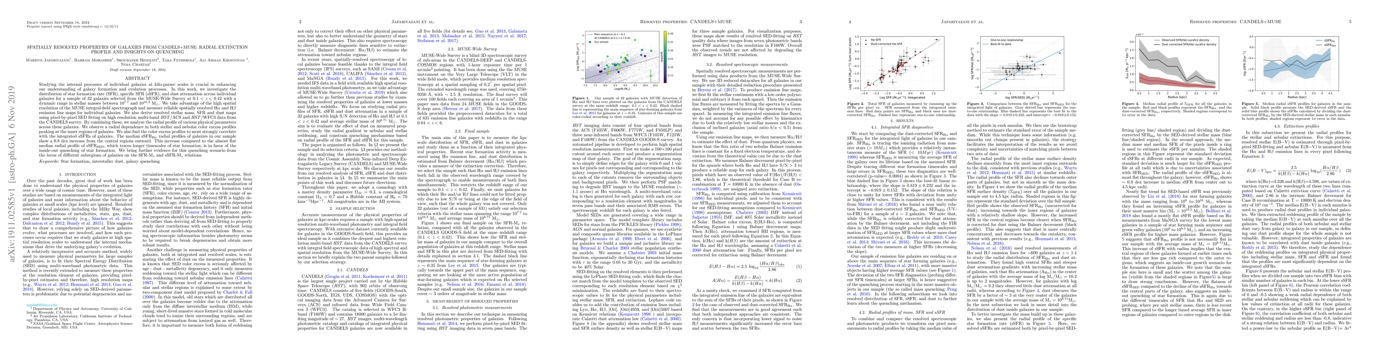 Thumbnail for Spatially resolved properties of galaxies from CANDELS+MUSE: Radial
  extinction profile and insights on quenching