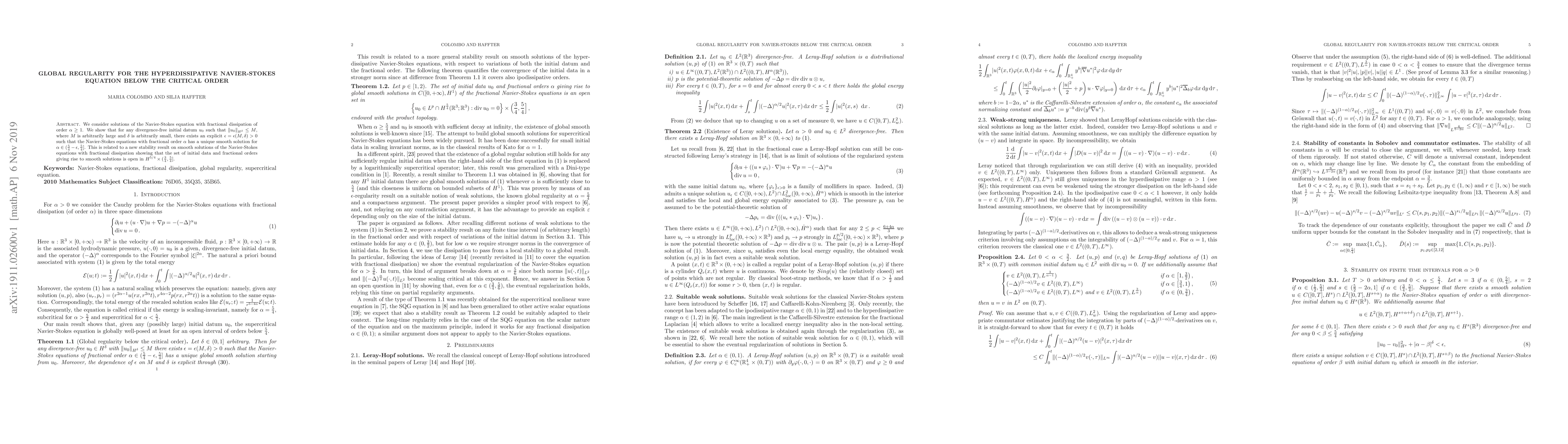 Thumbnail for Global regularity for the hyperdissipative Navier-Stokes equation below
  the critical order