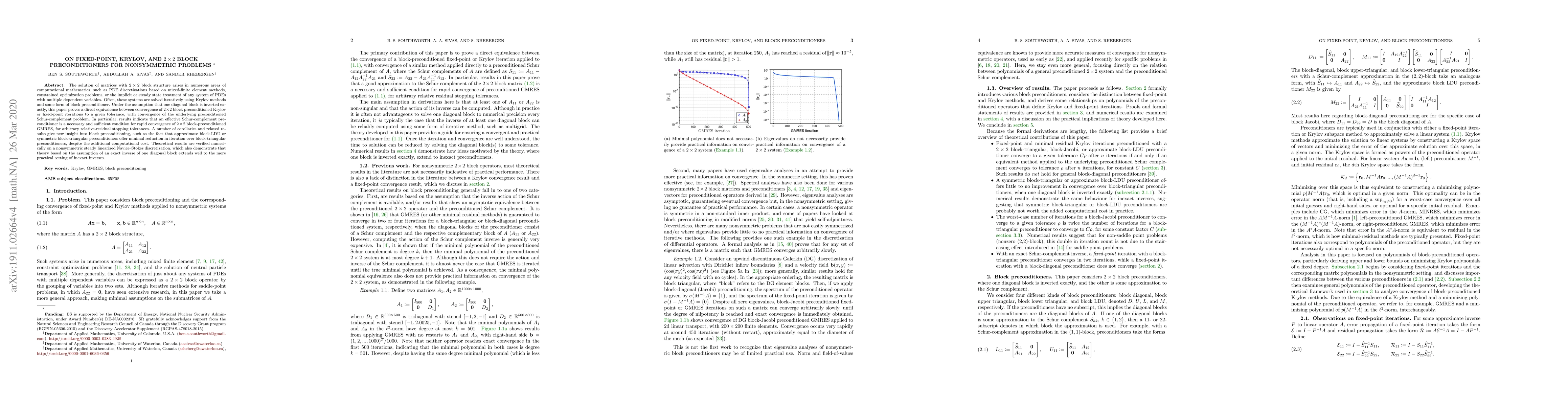 Thumbnail for On fixed-point, Krylov, and $2\times 2$ block preconditioners for
  nonsymmetric problems
