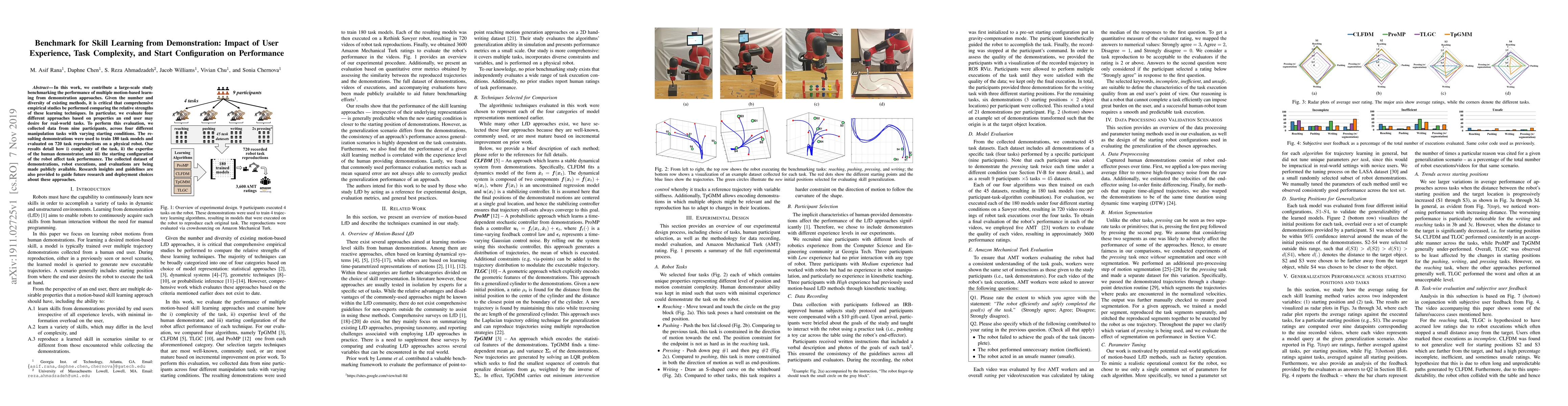 Thumbnail for Benchmark for Skill Learning from Demonstration: Impact of User
  Experience, Task Complexity, and Start Configuration on Performance
