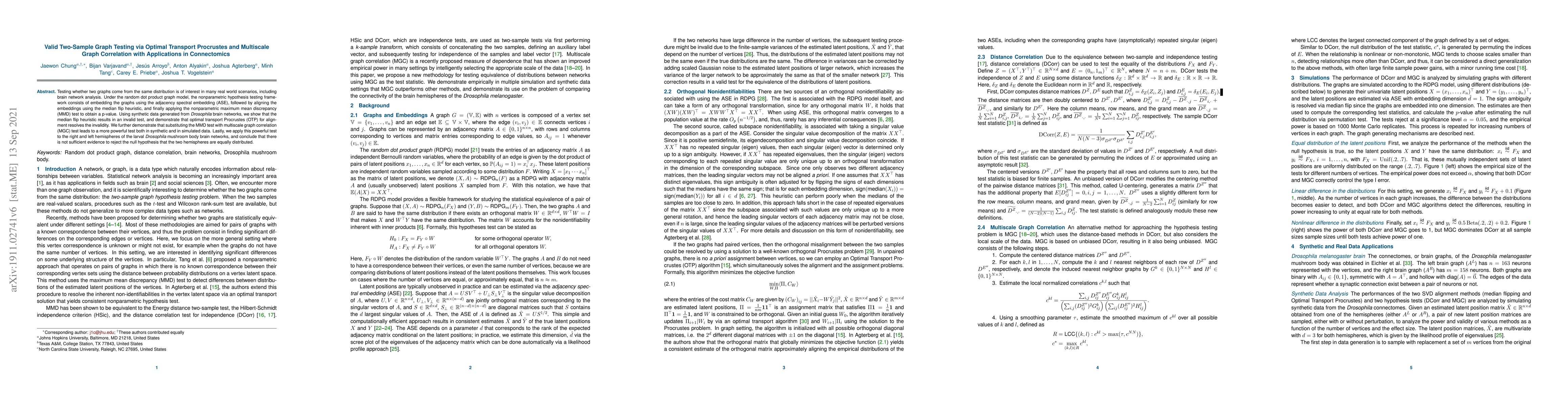 Thumbnail for Valid Two-Sample Graph Testing via Optimal Transport Procrustes and
  Multiscale Graph Correlation with Applications in Connectomics