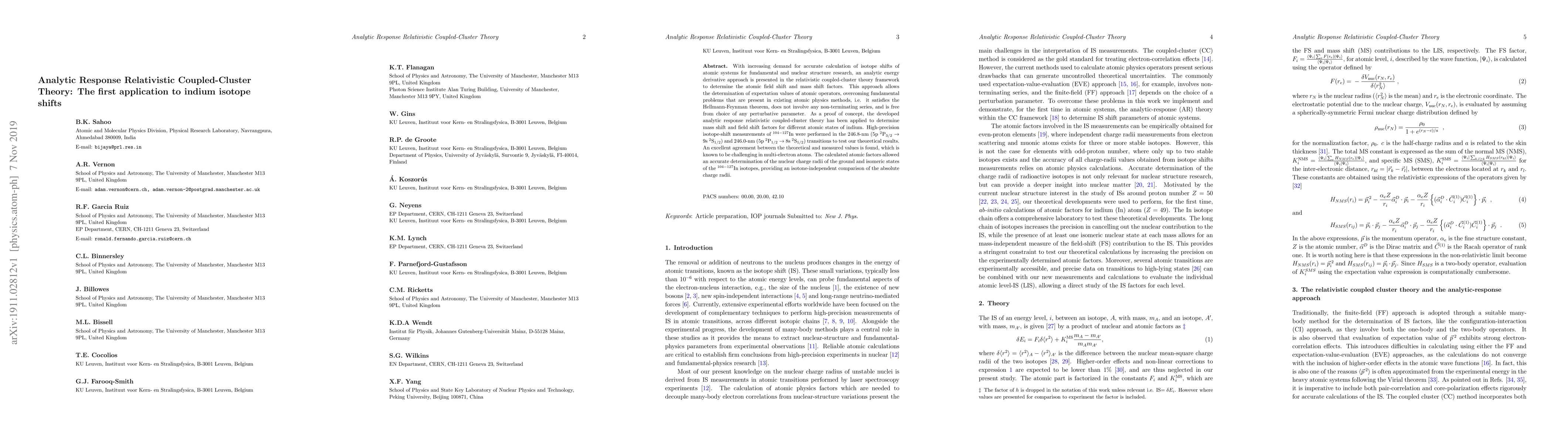 Thumbnail for Analytic Response Relativistic Coupled-Cluster Theory: The first
  application to indium isotope shifts