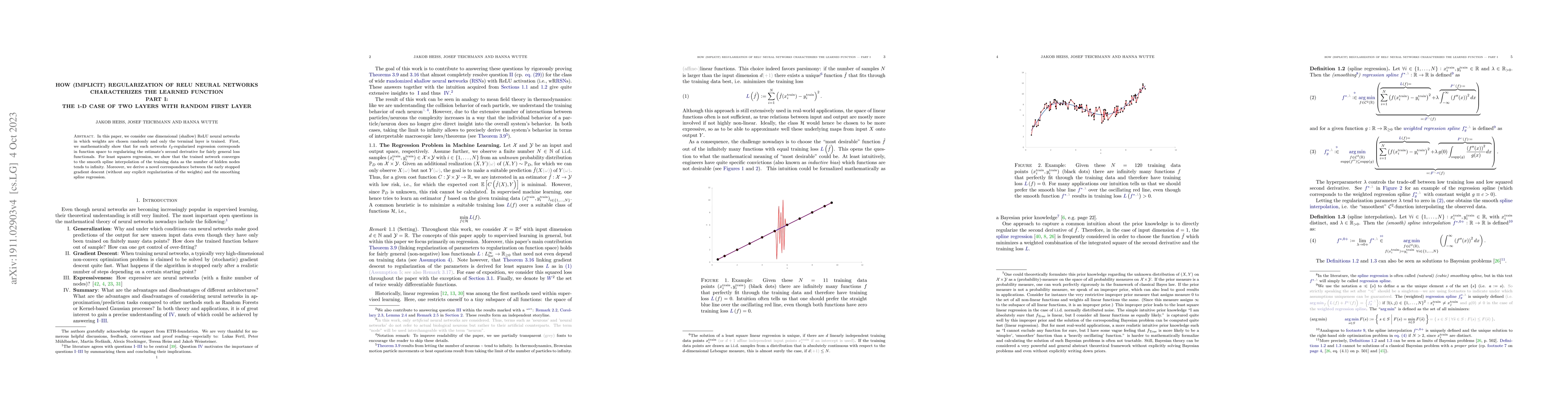 Thumbnail for How Implicit Regularization of ReLU Neural Networks Characterizes the
  Learned Function -- Part I: the 1-D Case of Two Layers with Random First
  Layer