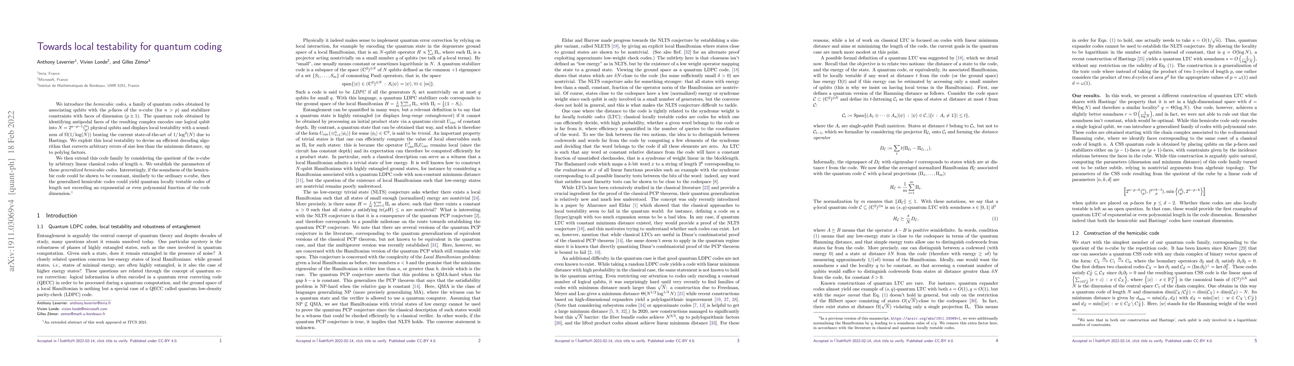 Thumbnail for Towards local testability for quantum coding