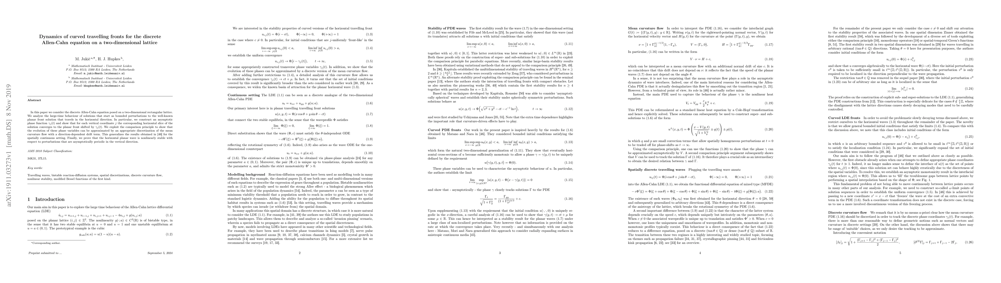 Thumbnail for Dynamics of curved travelling fronts for the discrete Allen-Cahn
  equation on a two-dimensional lattice