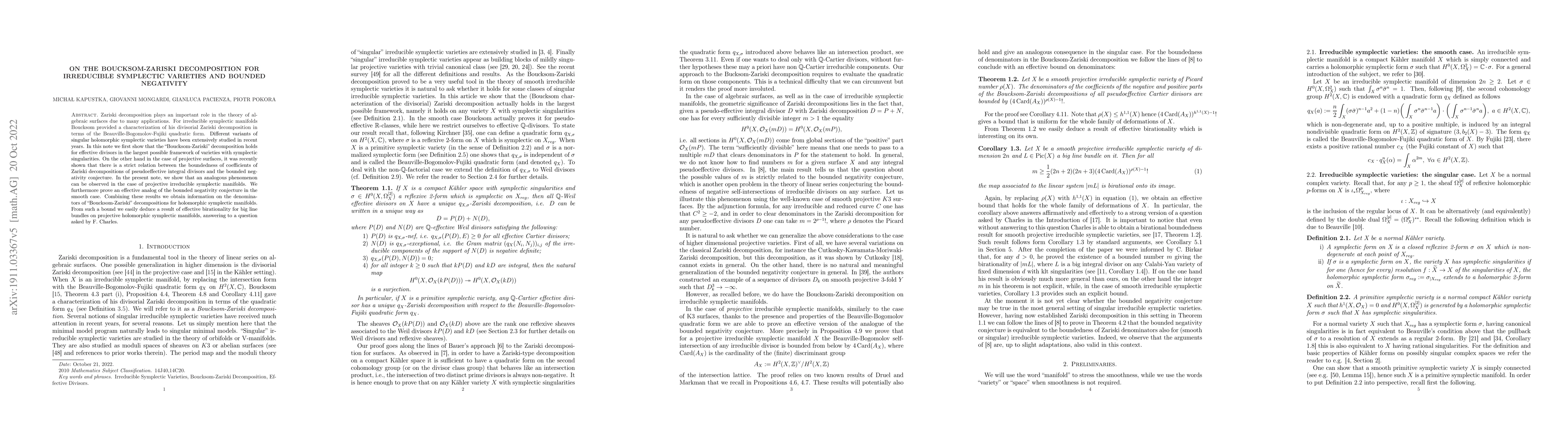 Thumbnail for On the Boucksom-Zariski decomposition for irreducible symplectic
  varieties and bounded negativity