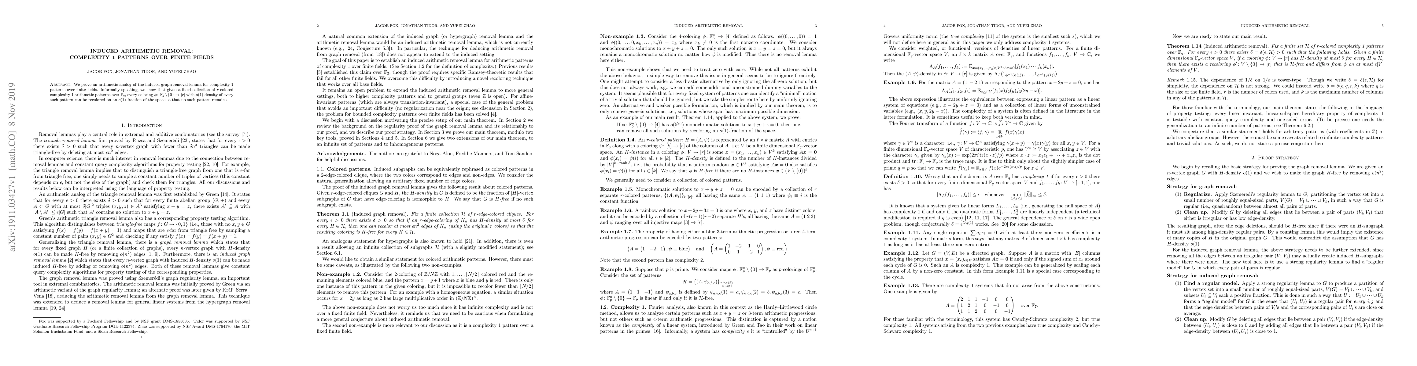 Thumbnail for Induced arithmetic removal: complexity 1 patterns over finite fields