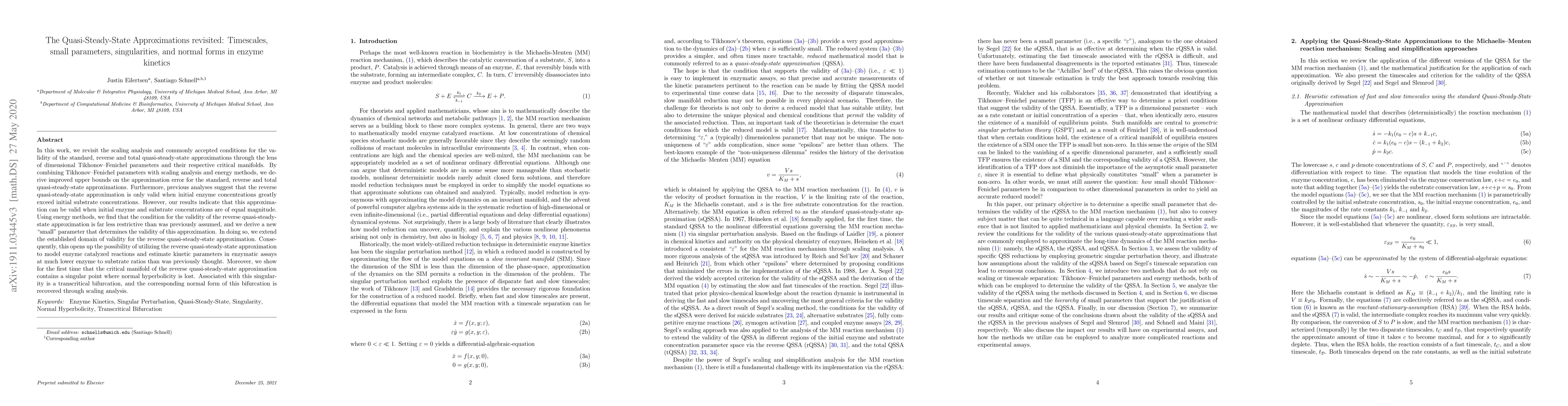 Thumbnail for The Quasi-Steady-State Approximations revisited: Timescales, small
  parameters, singularities, and normal forms in enzyme kinetic