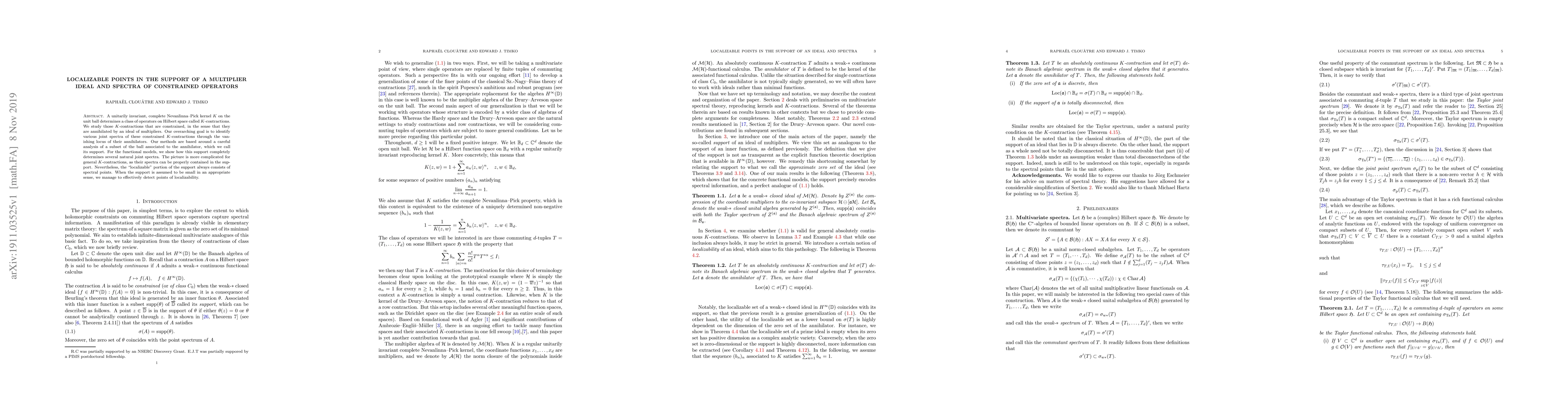 Thumbnail for Localizable points in the support of a multiplier ideal and spectra of
  constrained operators