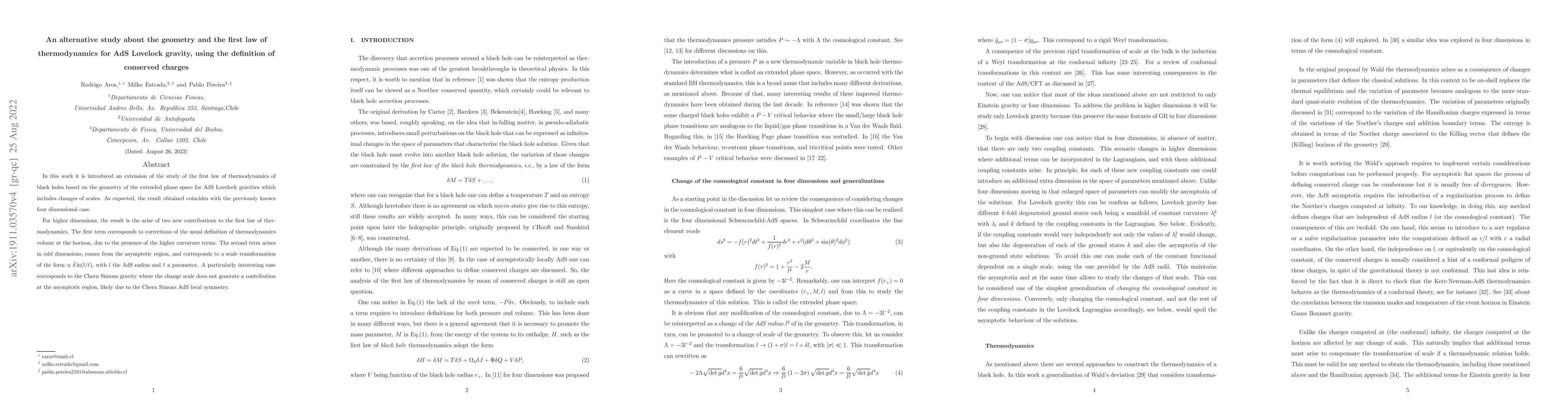 Thumbnail for An alternative study about the geometry and the first law of
  thermodynamics for AdS Lovelock gravity, using the definition of conserved
  charges