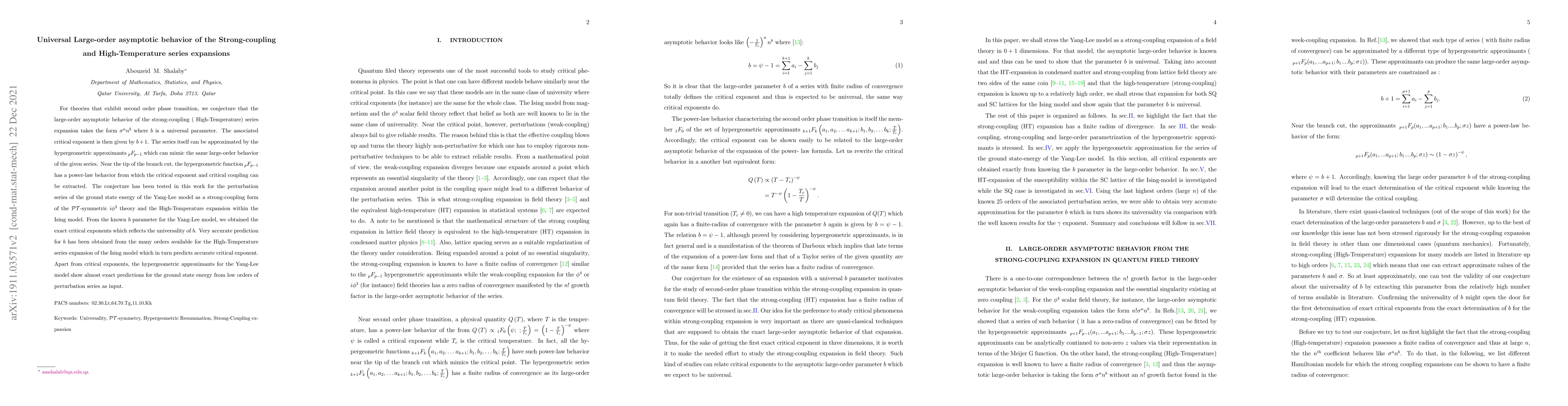 Thumbnail for Universal Large-order asymptotic behavior of the Strong-coupling and
  High-Temperature series expansions