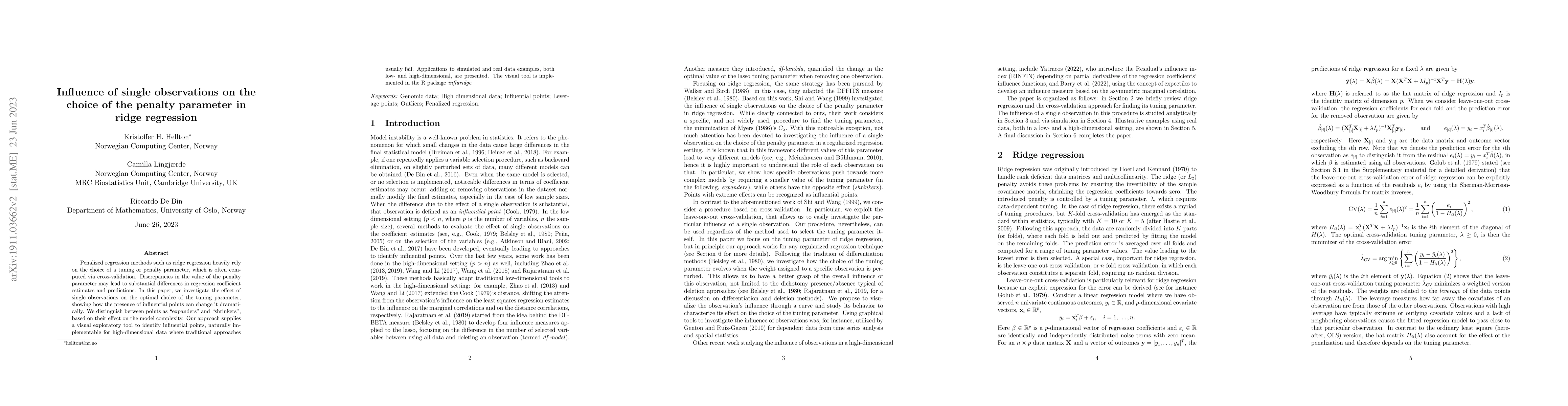 Thumbnail for Influence of single observations on the choice of the penalty parameter
  in ridge regression