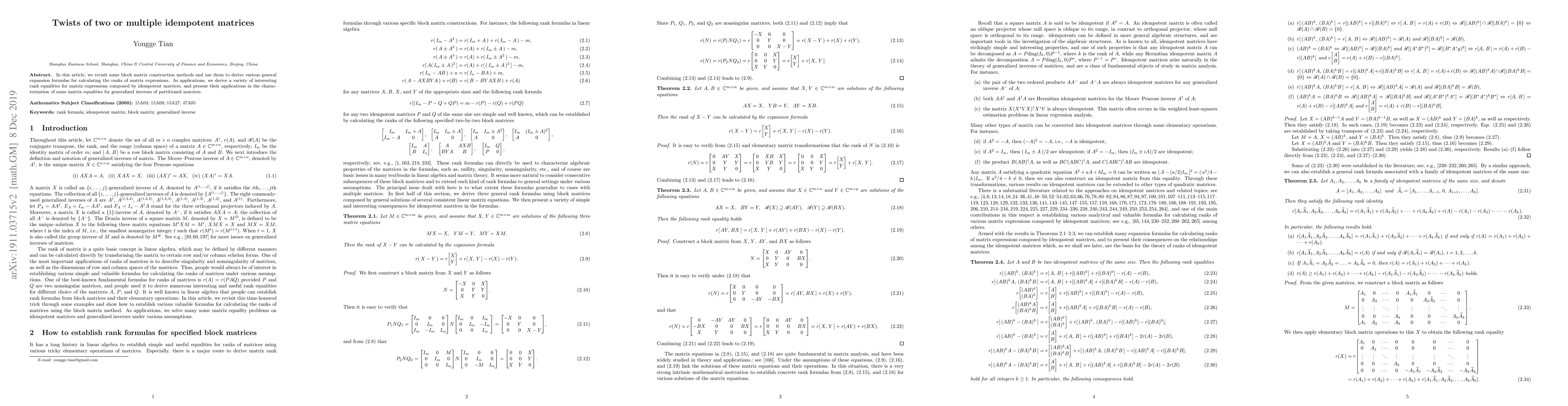 Thumbnail for Twists of two or multiple idempotent matrices