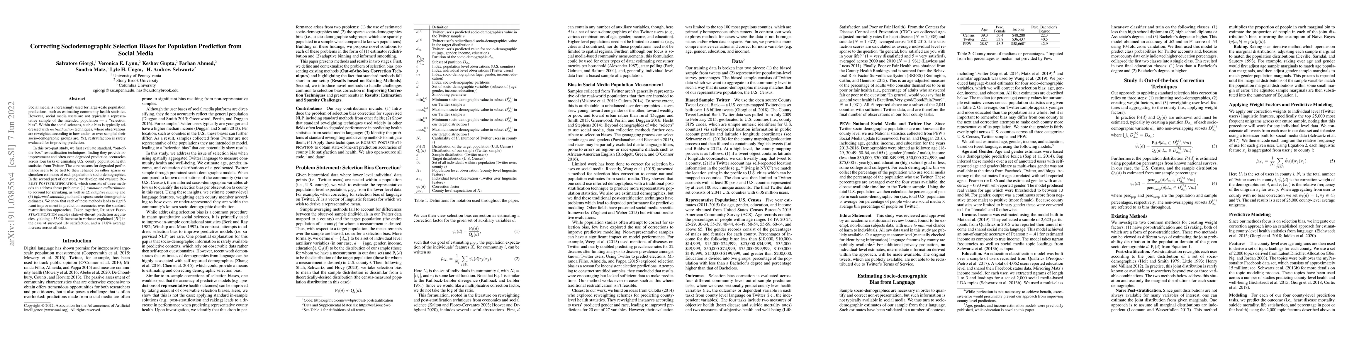 Thumbnail for Correcting Sociodemographic Selection Biases for Population Prediction
  from Social Media