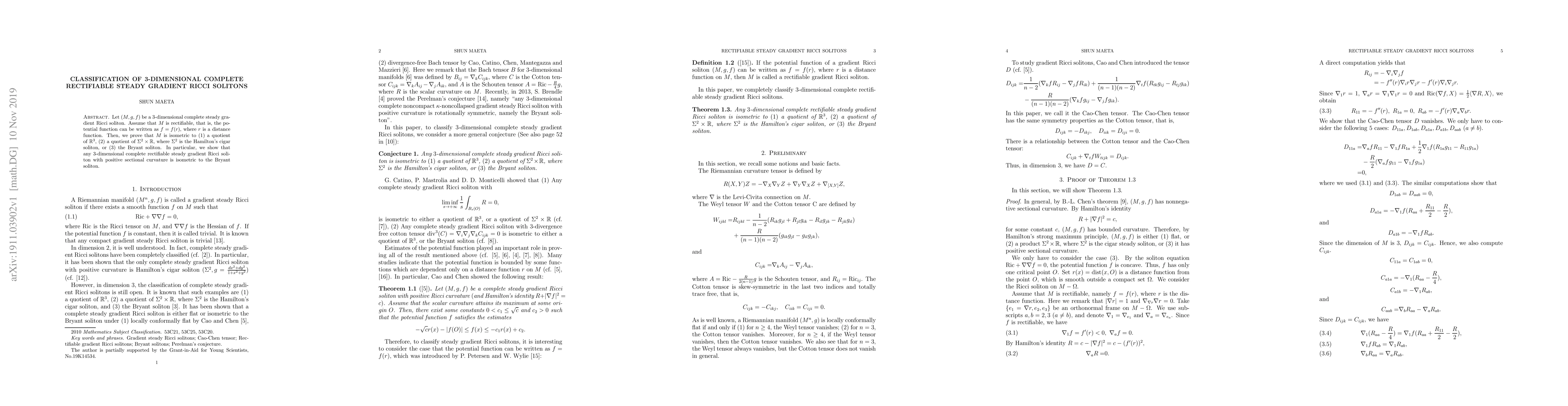Thumbnail for Classification of 3-dimensional complete rectifiable steady and
  expanding gradient Ricci solitons