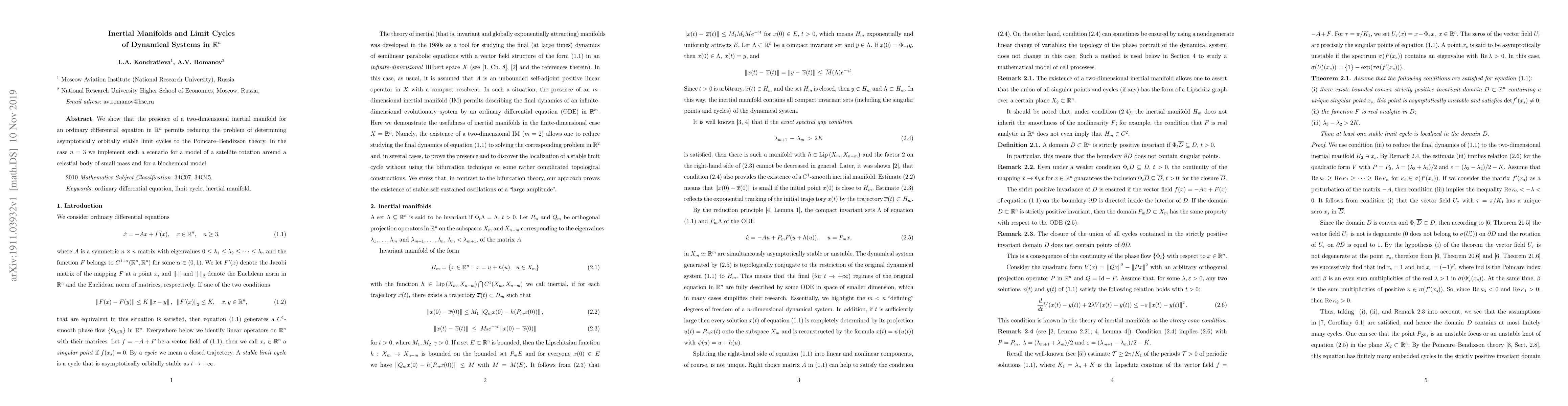 Thumbnail for Inertial Manifolds and Limit Cycles of Dynamical Systems in $\mathbb
  R^n$