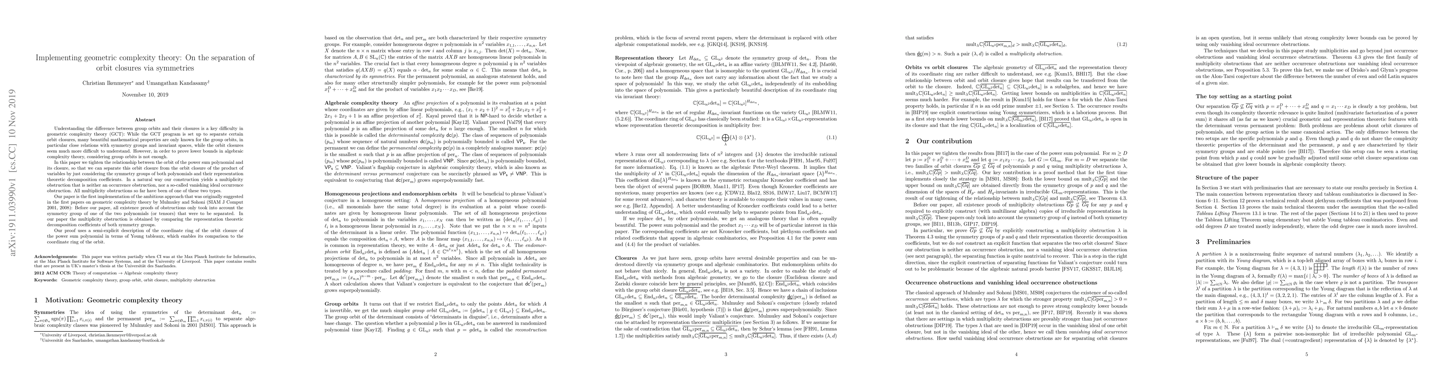 Thumbnail for Implementing geometric complexity theory: On the separation of orbit
  closures via symmetries
