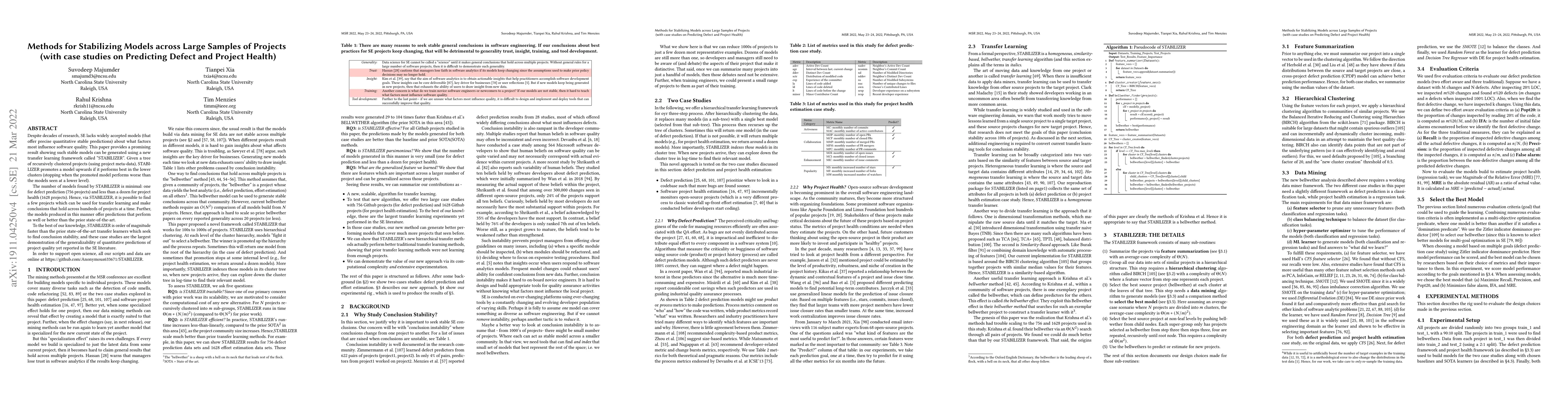 Thumbnail for Methods for Stabilizing Models across Large Samples of Projects (with
  case studies on Predicting Defect and Project Health)
