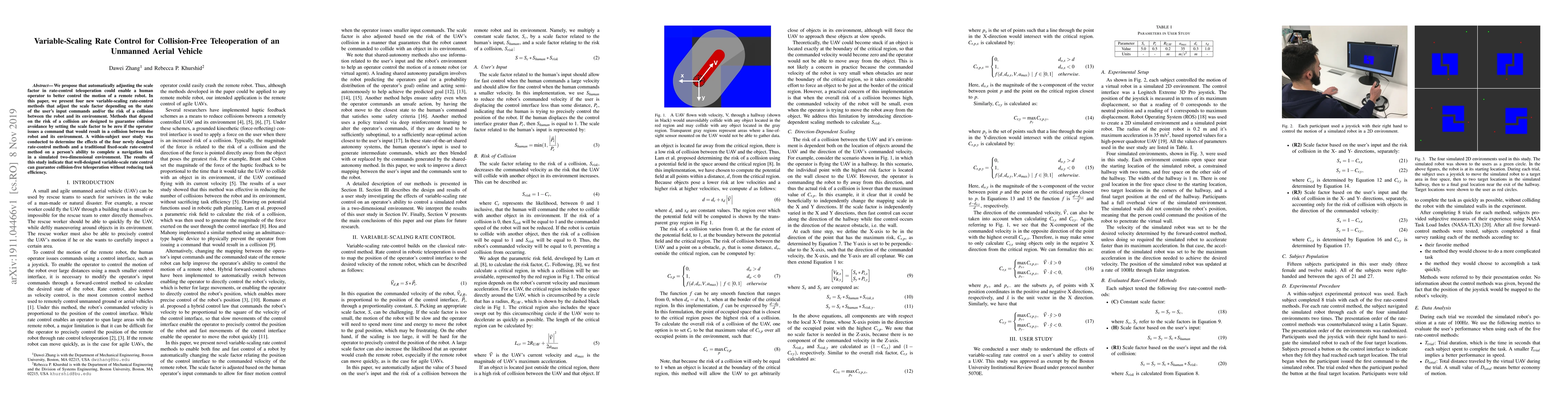 Thumbnail for Variable-Scaling Rate Control for Collision-Free Teleoperation of an
  Unmanned Aerial Vehicle