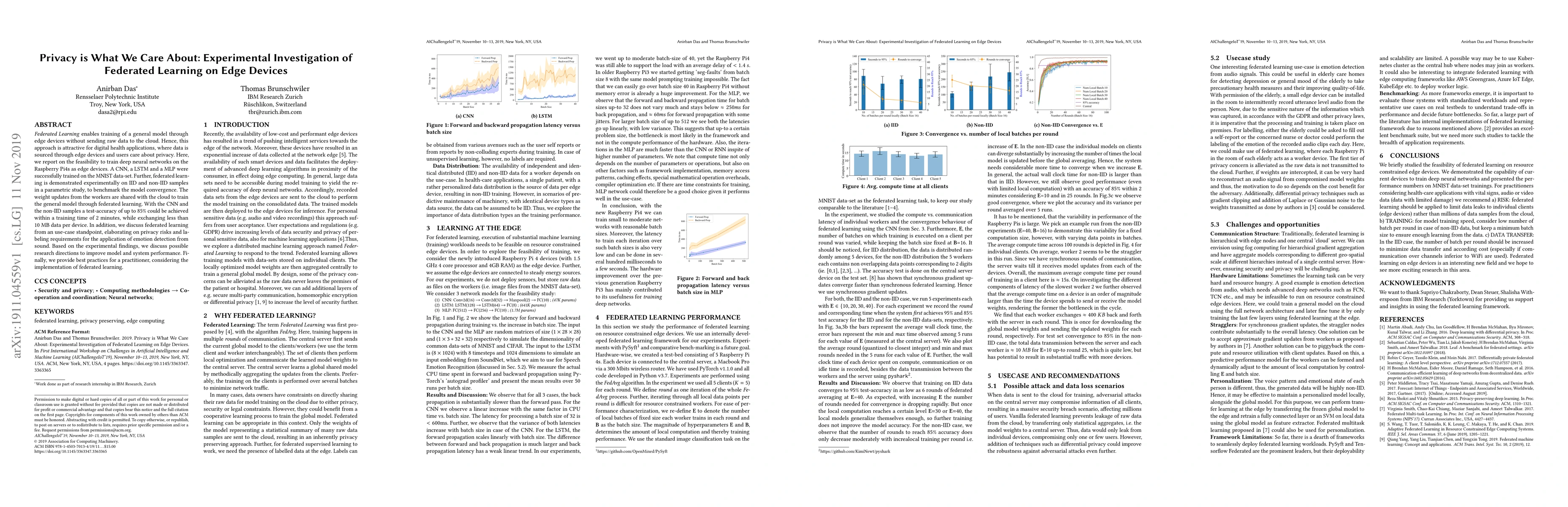 Thumbnail for Privacy is What We Care About: Experimental Investigation of Federated
  Learning on Edge Devices