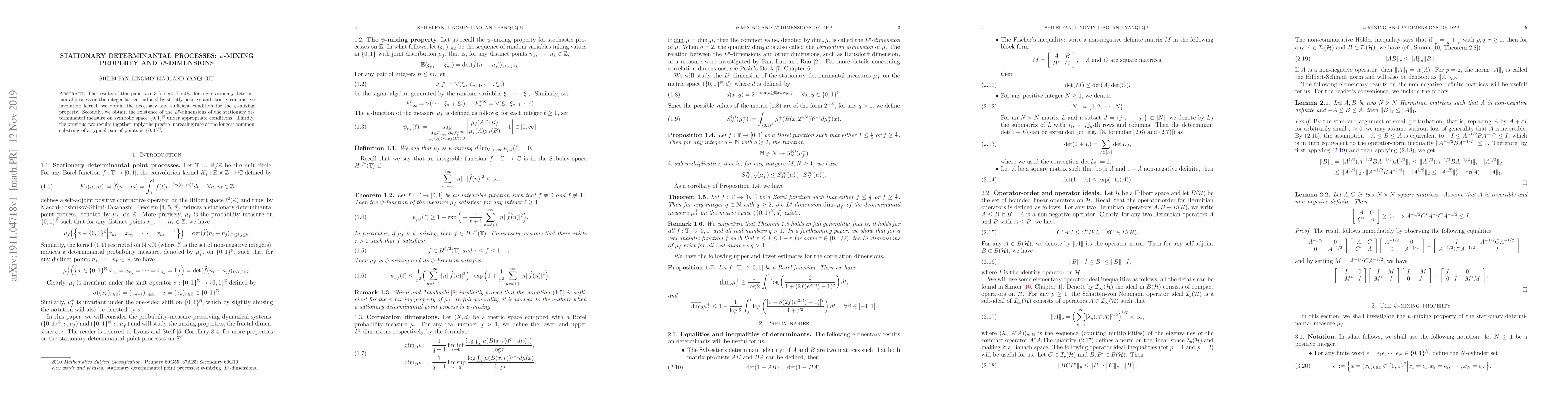 Thumbnail for Stationary determinantal processes: $\psi$-mixing property and
  $L^q$-dimensions