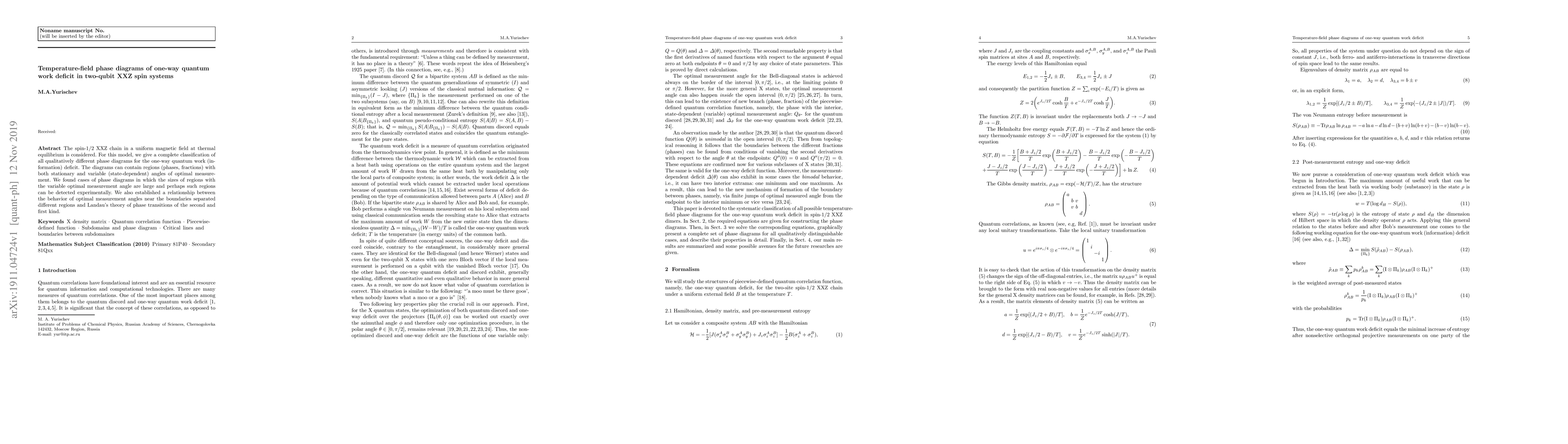 Thumbnail for Temperature-field phase diagrams of one-way quantum work deficit in
  two-qubit XXZ spin systems