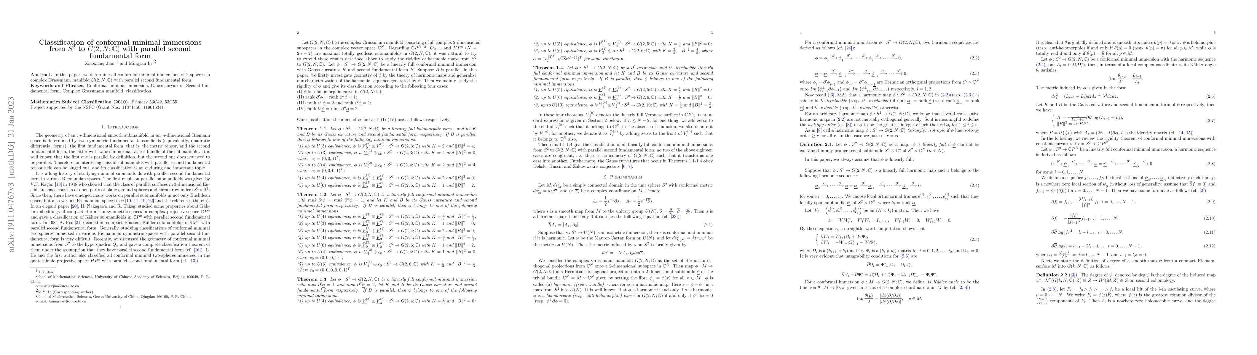 Thumbnail for Classification of conformal minimal immersions from $S^2$ to
  $G(2,N;\mathbb{C})$ with parallel second fundamental form