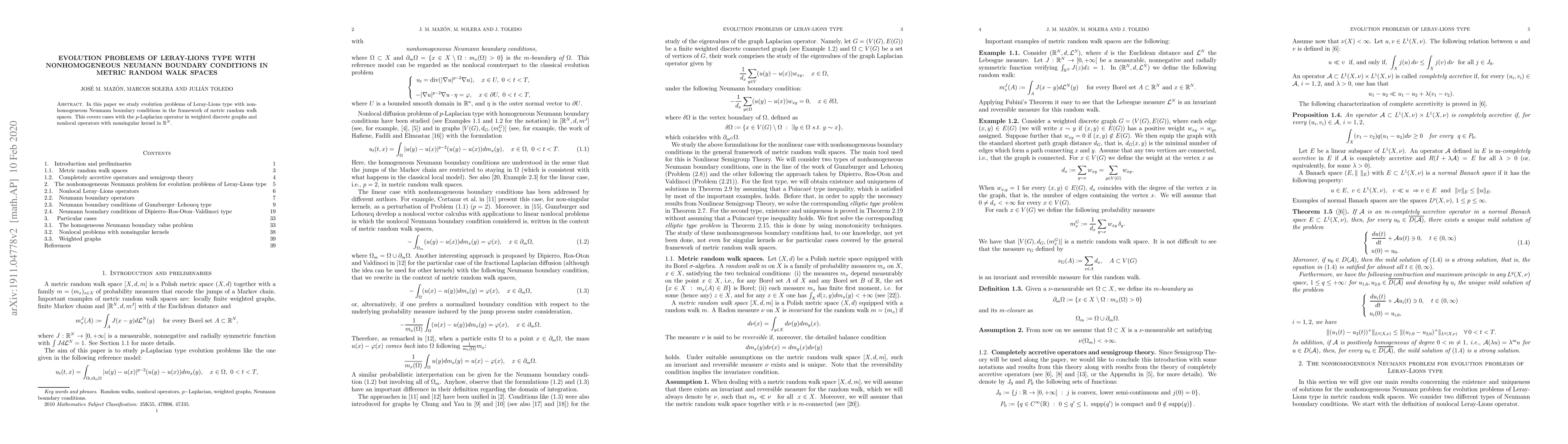 Thumbnail for Evolution problems of Leray-Lions type with nonhomogeneous Neumann
  boundary conditions in metric random walk spaces