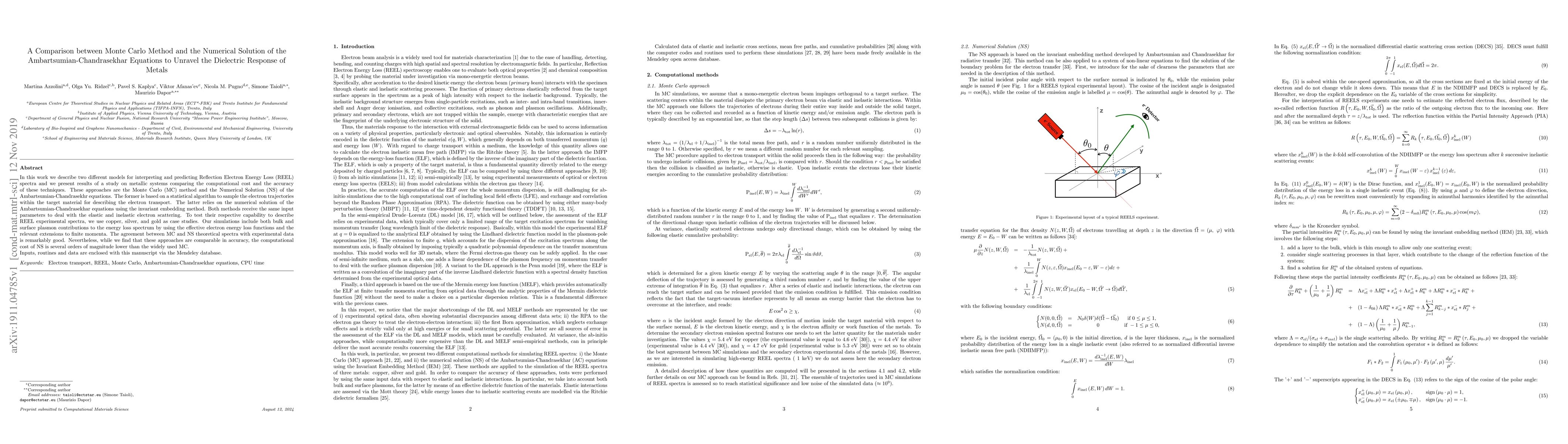Thumbnail for A Comparison between Monte Carlo Method and the Numerical Solution of
  the Ambartsumian-Chandrasekhar Equations to Unravel the Dielectric Response
  of Metals