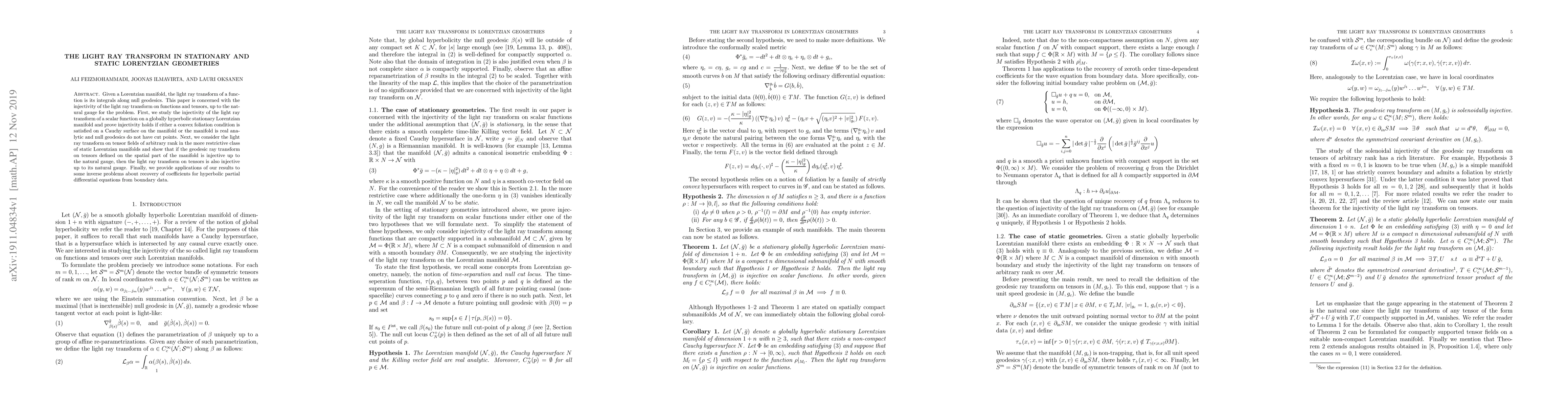 Thumbnail for The Light Ray transform in Stationary and Static Lorentzian geometries