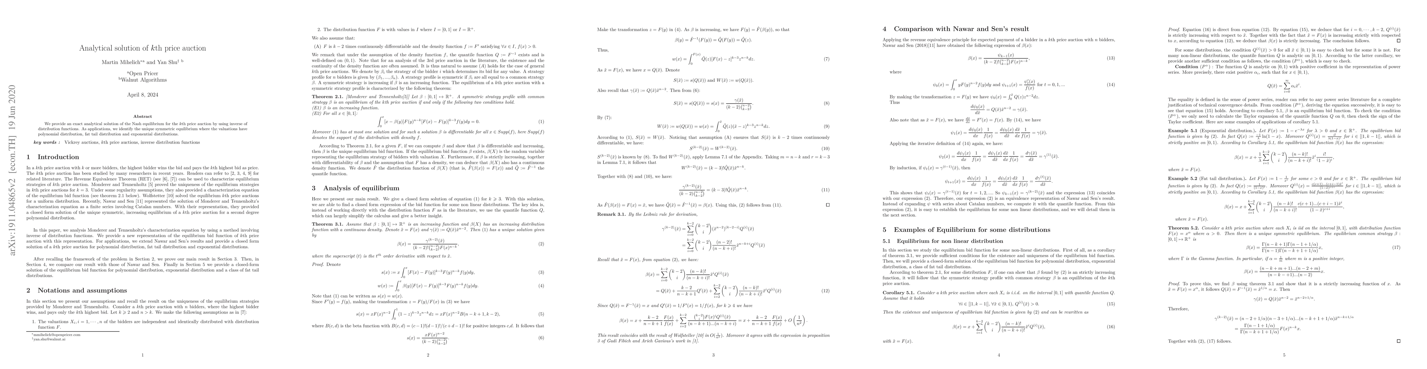 Thumbnail for Analytical solution of $k$th price auction