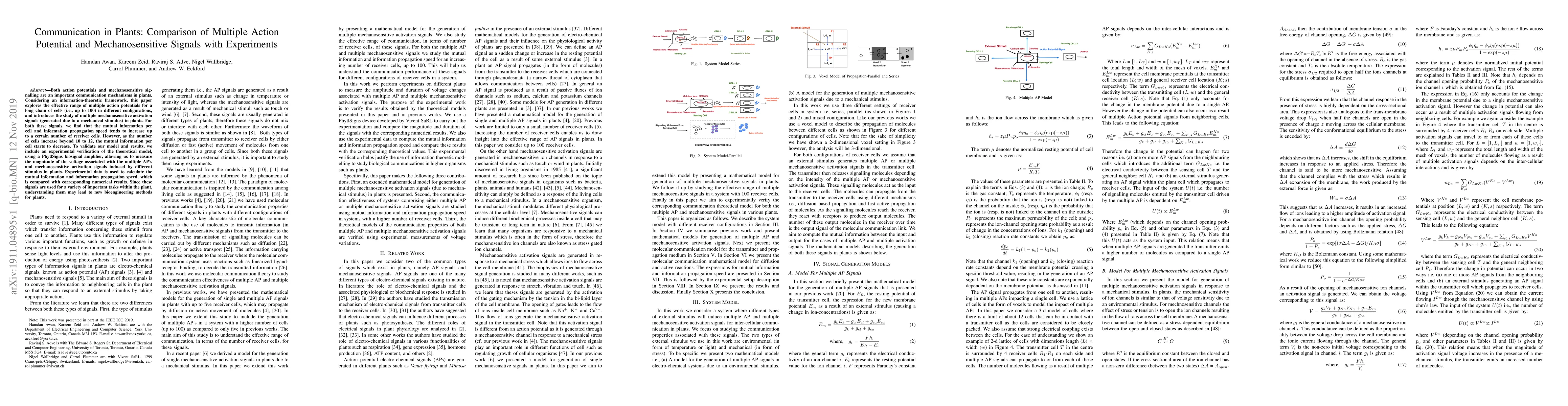 Thumbnail for Communication in Plants: Comparison of Multiple Action Potential and
  Mechanosensitive Signals with Experiments
