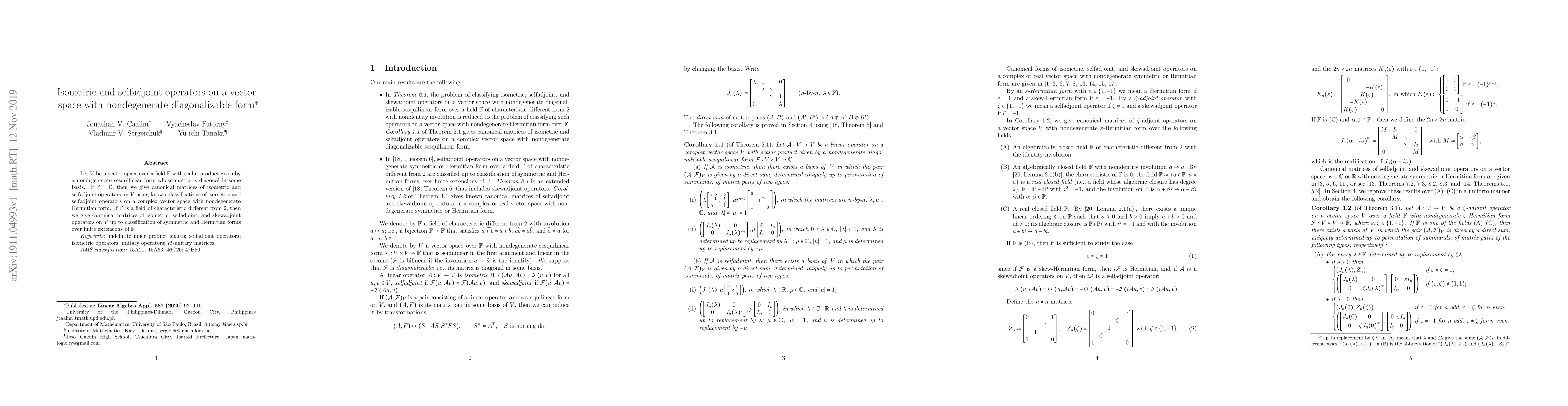 Thumbnail for Isometric and selfadjoint operators on a vector space with nondegenerate
  diagonalizable form