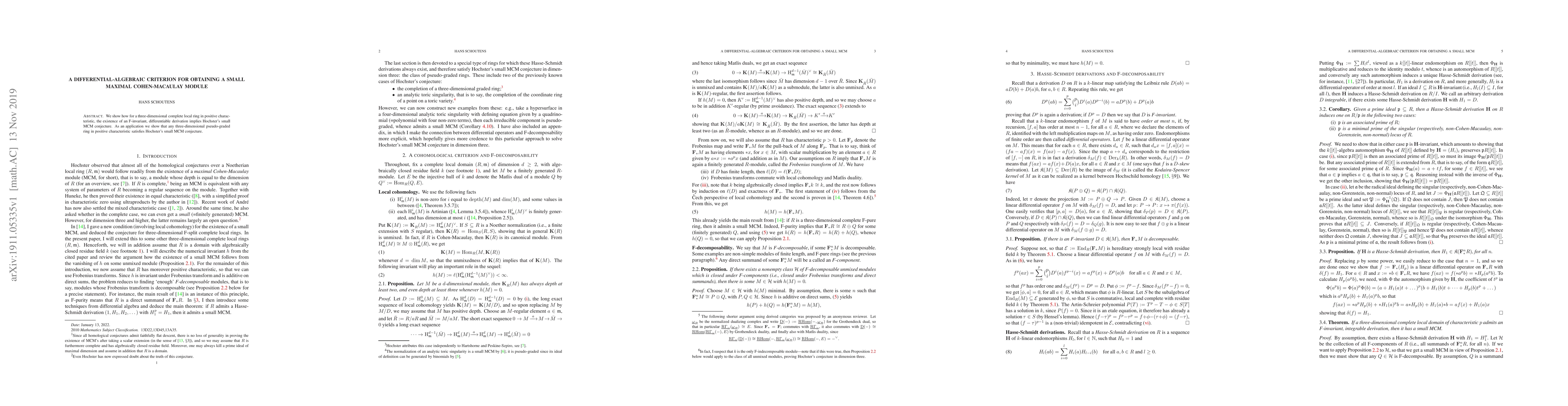 Thumbnail for A differential-algebraic criterion for obtaining a small maximal
  Cohen-Macaulay module