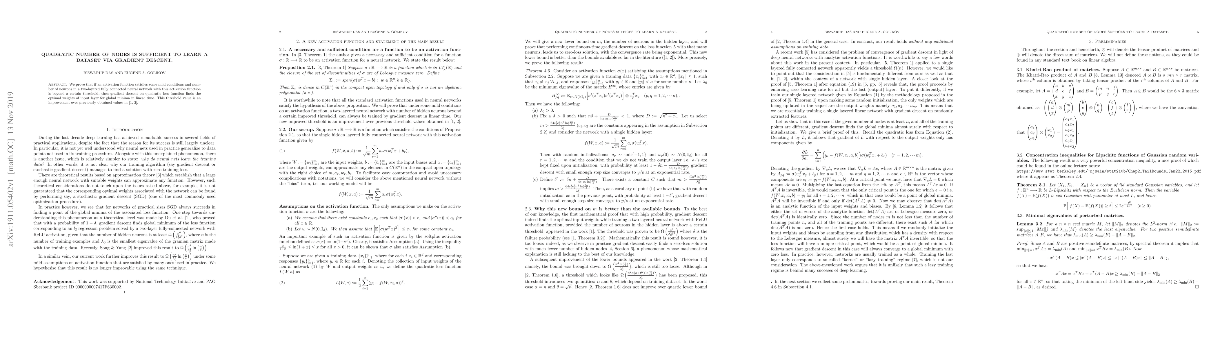 Thumbnail for Quadratic number of nodes is sufficient to learn a dataset via gradient
  descent